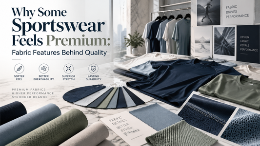 Premium polyester sportswear development studio showing fabric samples, performance T-shirts and quality details