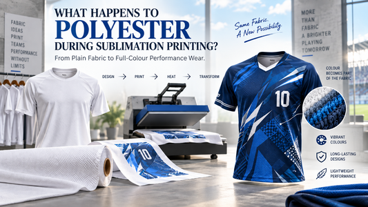 Polyester sports jersey transforming from plain white fabric into a vibrant sublimated performance jersey.