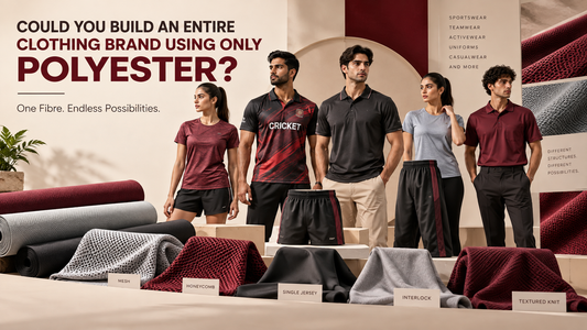 Polyester clothing collection with sportswear, jerseys, polos, track pants and different polyester fabric textures.