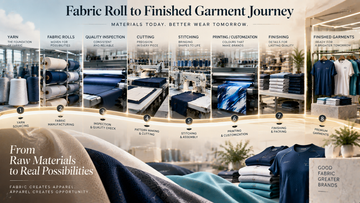 Complete apparel manufacturing journey showing polyester fabric rolls transformed into finished T-shirts and sportswear garments.