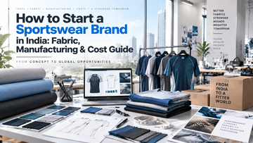 Modern sportswear brand development studio showing performance T-shirts, fabric rolls, textile samples and apparel manufacturing elements for starting a sportswear brand in India.