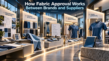 Fabric approval process showing polyester fabric sample evaluation, testing, garment development and final approval