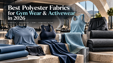 Best polyester fabrics for gym wear and activewear showing lightweight performance knit, stretch Lycra, breathable mesh and structured polyester fabric