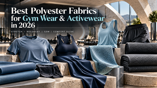 Best polyester fabrics for gym wear and activewear showing lightweight performance knit, stretch Lycra, breathable mesh and structured polyester fabric