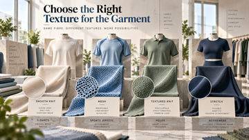 Premium polyester fabric texture comparison showing smooth knit, honeycomb, mesh, textured knit and stretch fabrics with finished T-shirts in a luxury textile studio.