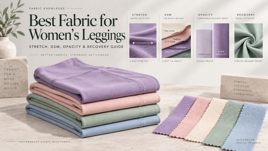 Women’s leggings fabric guide showing stretch, GSM, opacity and recovery factors for activewear