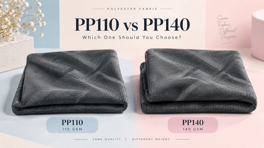 PP110 vs PP140 polyester fabric comparison showing 110 GSM and 140 GSM fabric for garment manufacturing