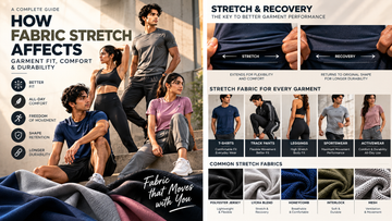 Fabric stretch guide showing activewear models and explaining how stretch affects garment fit, comfort, freedom of movement, shape retention, and durability.
