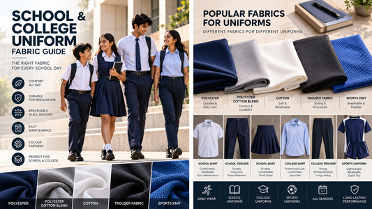 School and college uniform fabric guide showing students wearing uniforms alongside fabric textures and key properties such as comfort, durability, breathability, easy maintenance, and colour fastness.