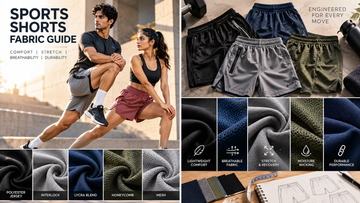 Sports shorts fabric guide showing athletes and different performance fabrics for comfort, stretch, breathability, moisture-wicking and durability
