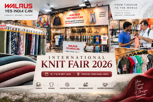 Walrus Yes India Can stall at International Knit Fair 2026 in Tiruppur showcasing fabrics and apparel collections