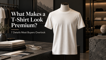 Premium white T-shirt displayed in a modern showroom with the title What Makes a T-Shirt Look Premium?