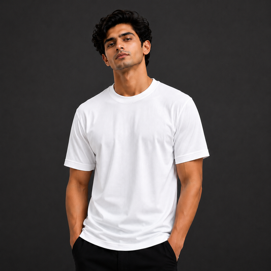 white rib neck T-shirt
2-way rib neck T-shirt
plain white T-shirt wholesale
men’s round neck T-shirt
blank T-shirt for printing
bulk T-shirt supplierMale model wearing a plain white 2-way rib neck round-neck T-shirt with short sleeves.