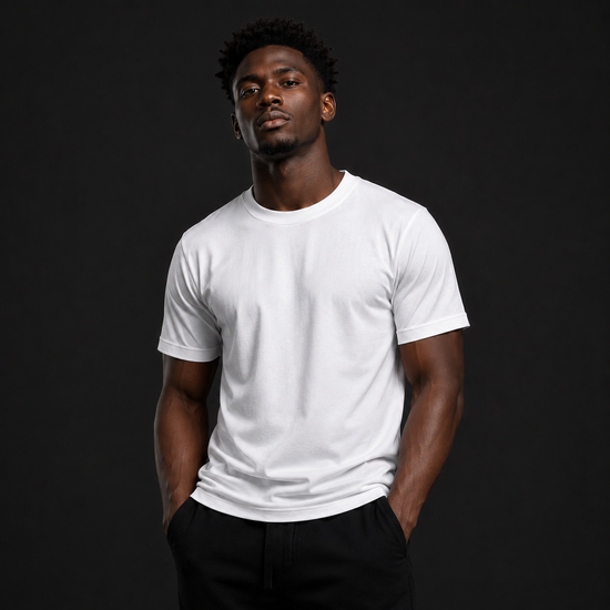 PP110 rib neck T-shirt
white polyester T-shirt
event T-shirt wholesale
lightweight polyester T-shirt
bulk plain T-shirts
wholesale rib neck T-shir
Male model wearing a plain white PP110 polyester rib neck half-sleeve T-shirt against a dark studio background.