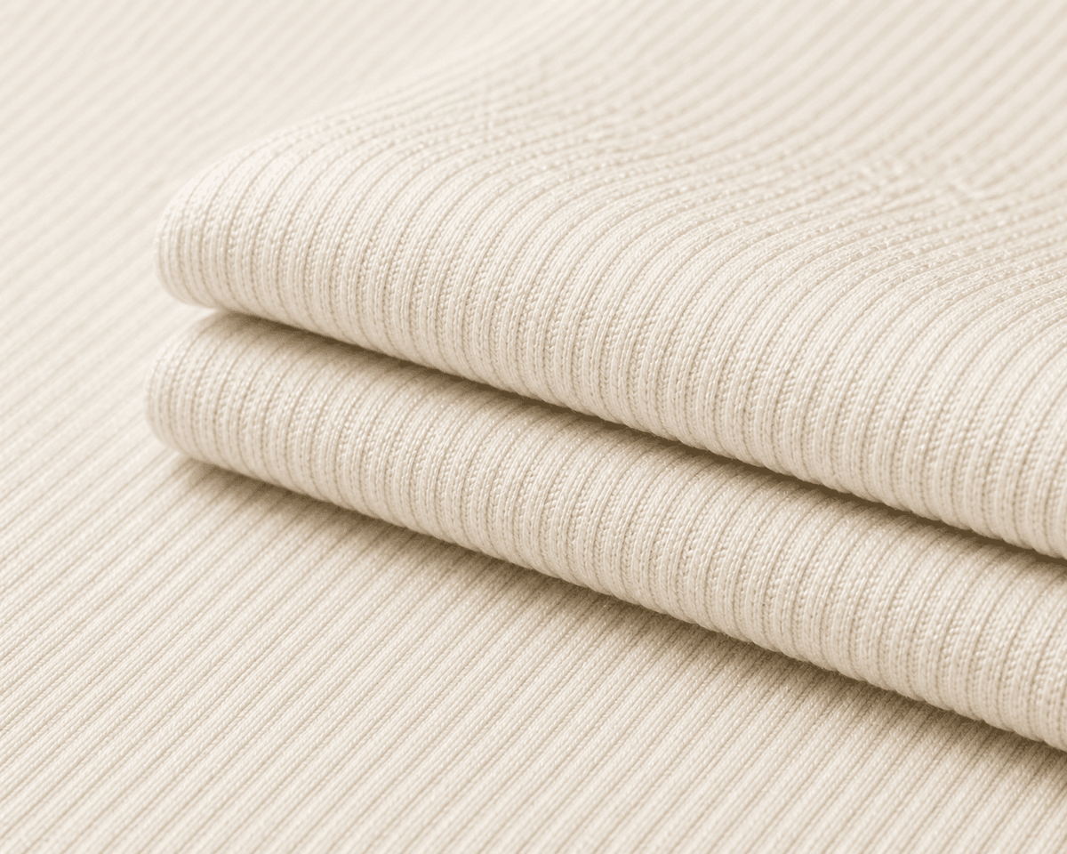 Ivory Kashmiri Rib Knit Fabric.