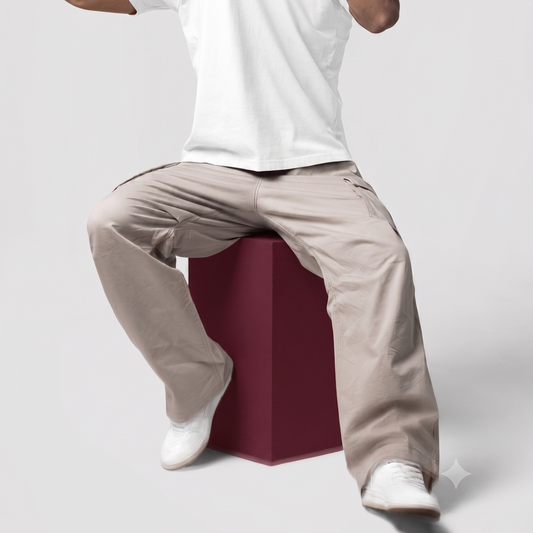 Man wearing beige gym track pants for sports and casual wear
Men’s gym track pants front view
Men wearing athletic track pants for gym training
Men’s sports track pants side view
Zip pocket detail on men’s gym track pants
Men’s track pants elastic waistband detail