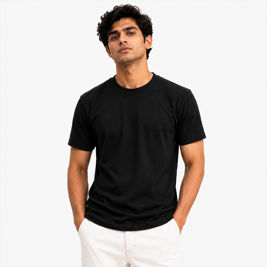 Lacosta rib neck T-shirt
black rib neck T-shirt
premium polyester T-shirt
plain black T-shirt wholesale
breathable men’s T-shirt
bulk T-shirt supplierMale model wearing a plain black Lacosta rib neck T-shirt with short sleeves on a white background.